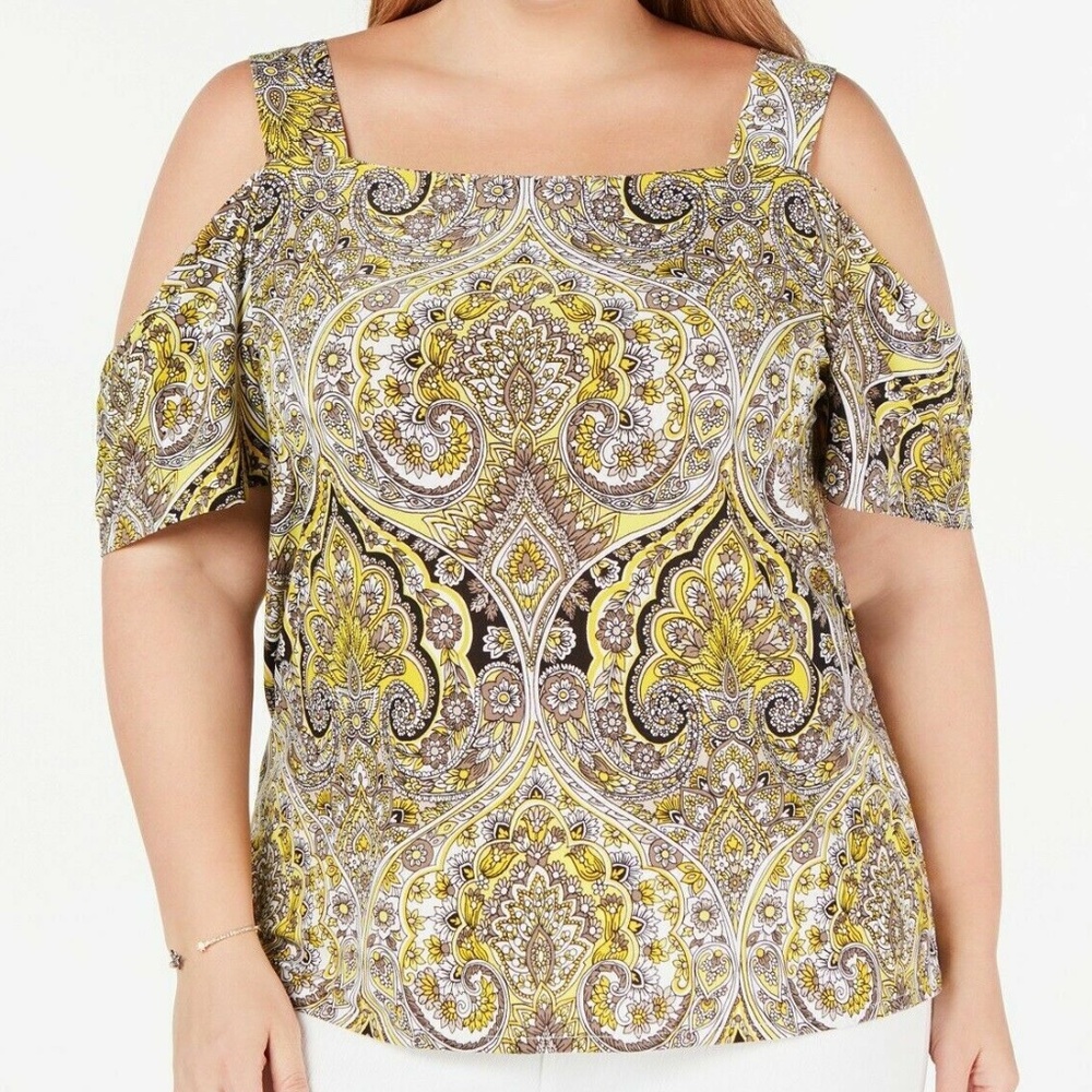 (NWT) INC Women's Black/Yellow Opulent Paisley Cold Shoulder Top Plus Size 4X